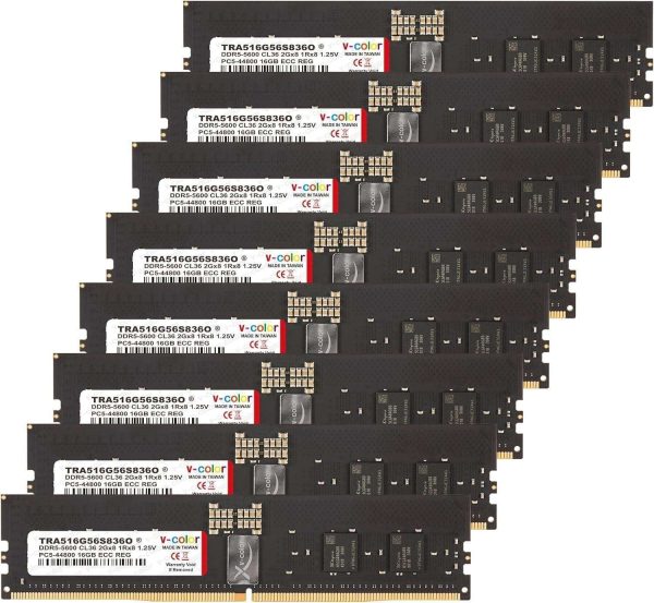 V-COLOR DDR5 768GB (96GBx8) 6000MHz CL36 6Gx4 2Rx4 OC R-DIMM (Overclocking ECC Registered DIMM) 1.25V Memory Ram for WRX90 Workstation (AMD EXPO) (TRA596G60D436O) - 128GB (8 x 16GB),288-Pin DDR5 SDRAM,DDR5 5600 (PC5 44800)