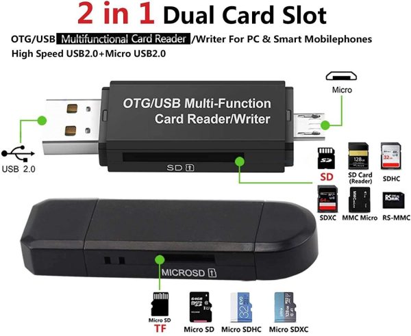 Micro USB OTG to USB 2.0 Adapter, Portable SD/Micro SD Card Reader with Standard USB Male & Micro USB Male Connector for Smartphones Tablets PC & Notebooks with OTG Function