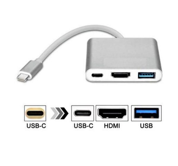 3 in 1 Type-C USB-C 3.1 To HDTV HDMI 4K HD USB 3.0 Type C Male to HDMI Female PD Converter Hub Adapter,Gold - Silver