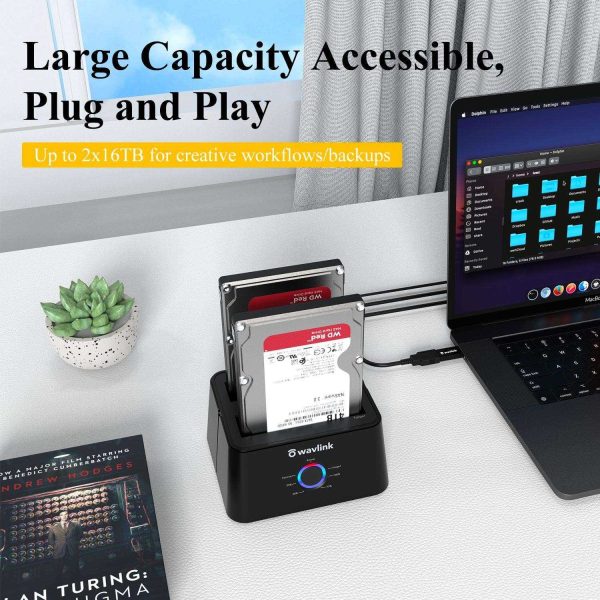 Wavlink USB 3.0 to SATA I/II/II Dual Bay External Hard Drive Docking Station for 2.5" 3.5" SATA HDD/SSD Enclosure 2x 16TB Hard Drive Enclosure With UASP, Support Offline Clone Duplicator, Auto Sleep