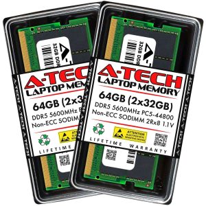 A-Tech 8GB DDR5 5600MHz SODIMM PC5-44800 Non-ECC Unbuffered CL46 1.1V 262-Pin SO-DIMM Laptop Notebook Computer RAM Memory Upgrade Module - 64GB (2 x 32GB),DDR5 5600 (PC5 44800),46