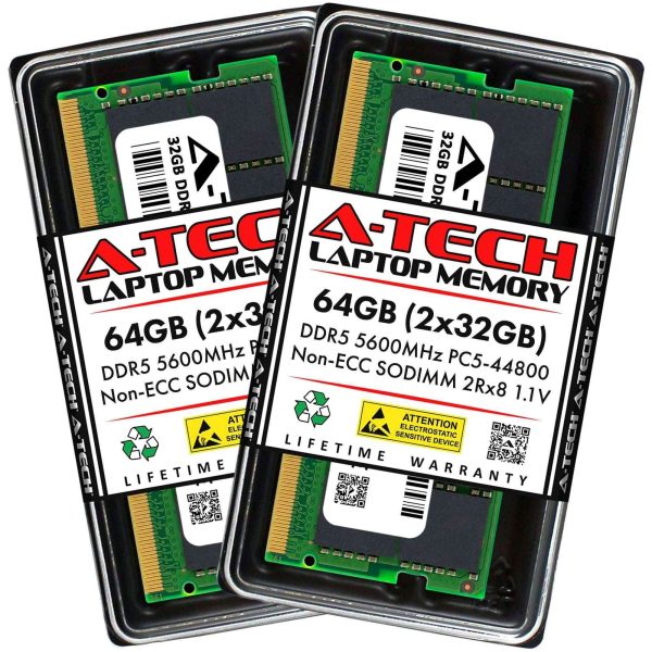 A-Tech 8GB DDR5 5600MHz SODIMM PC5-44800 Non-ECC Unbuffered CL46 1.1V 262-Pin SO-DIMM Laptop Notebook Computer RAM Memory Upgrade Module - 64GB (2 x 32GB),DDR5 5600 (PC5 44800),46