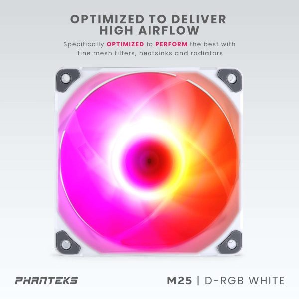 Phanteks M25-120 D-RGB fan, High-Airflow radiator performance, PWM control up to 2000RPM, ARGB/DRGB lighting, Daisy-Chain cable, White,3 Pack