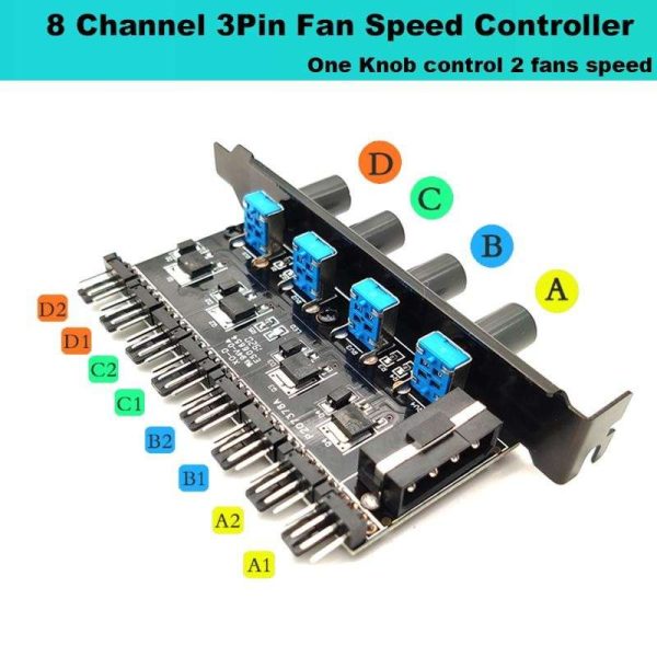Enlabs PCIFANCO8MPR 8 Channel 3-pin 4pin Fan speed Controller w/ OFF Switch - 8 Fans RPM Speed Reduce Regulator by 4 Knobs w/ PCI Slot Cover - Molex 4pin to 8 Port 3 4Pin Case/CPU Fan Hub Splitter