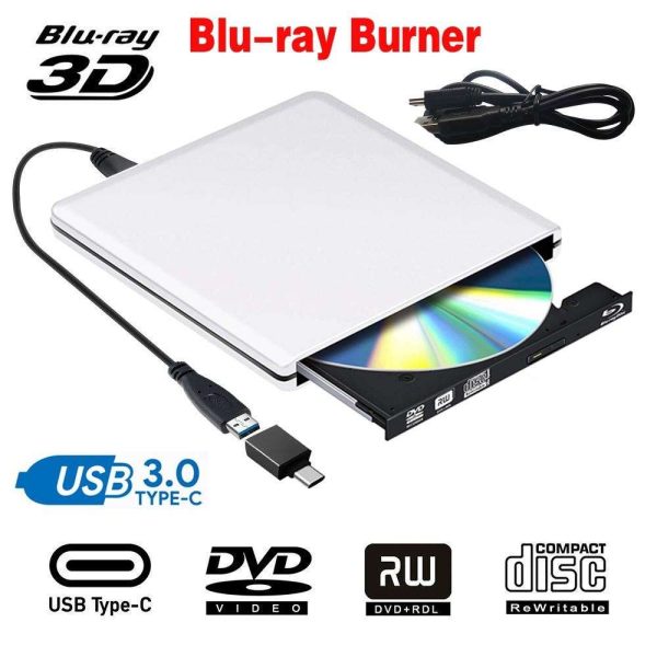 ESTONE Aluminum External DVD Blu-Ray Burner Drive, USB 3.0 Type-C CD DVD +/-RW Optical Drive USB C Burner Slim CD/DVD ROM Rewriter Writer Reader Portable for PC Laptop Desktop MacBook Mac Black - Silver